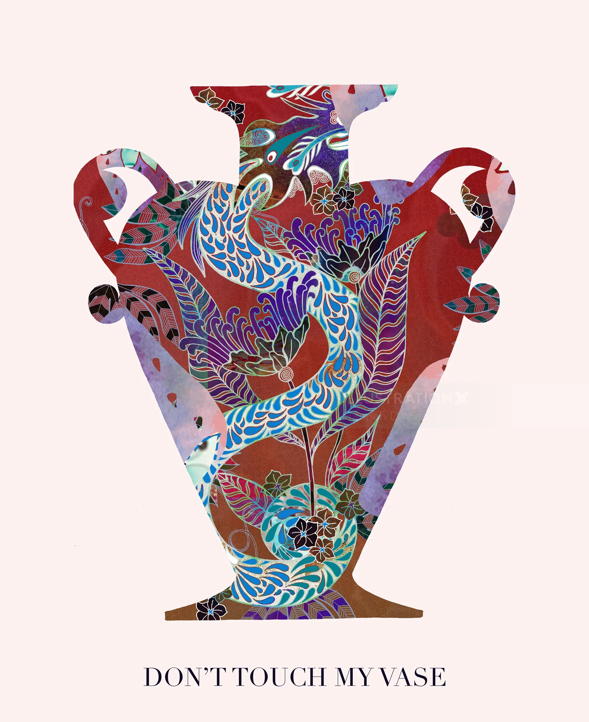 Dekorative Vasensilhouette mit farbenfrohen Vogel- und Blumenmustern von Hannah Davies