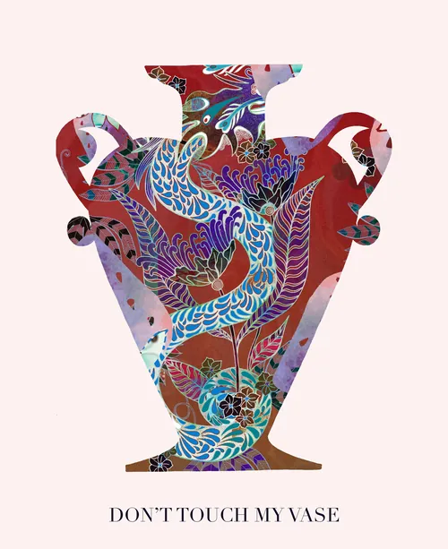 Decorative vase silhouette featuring colorful bird and floral patterns by Hannah Davies
