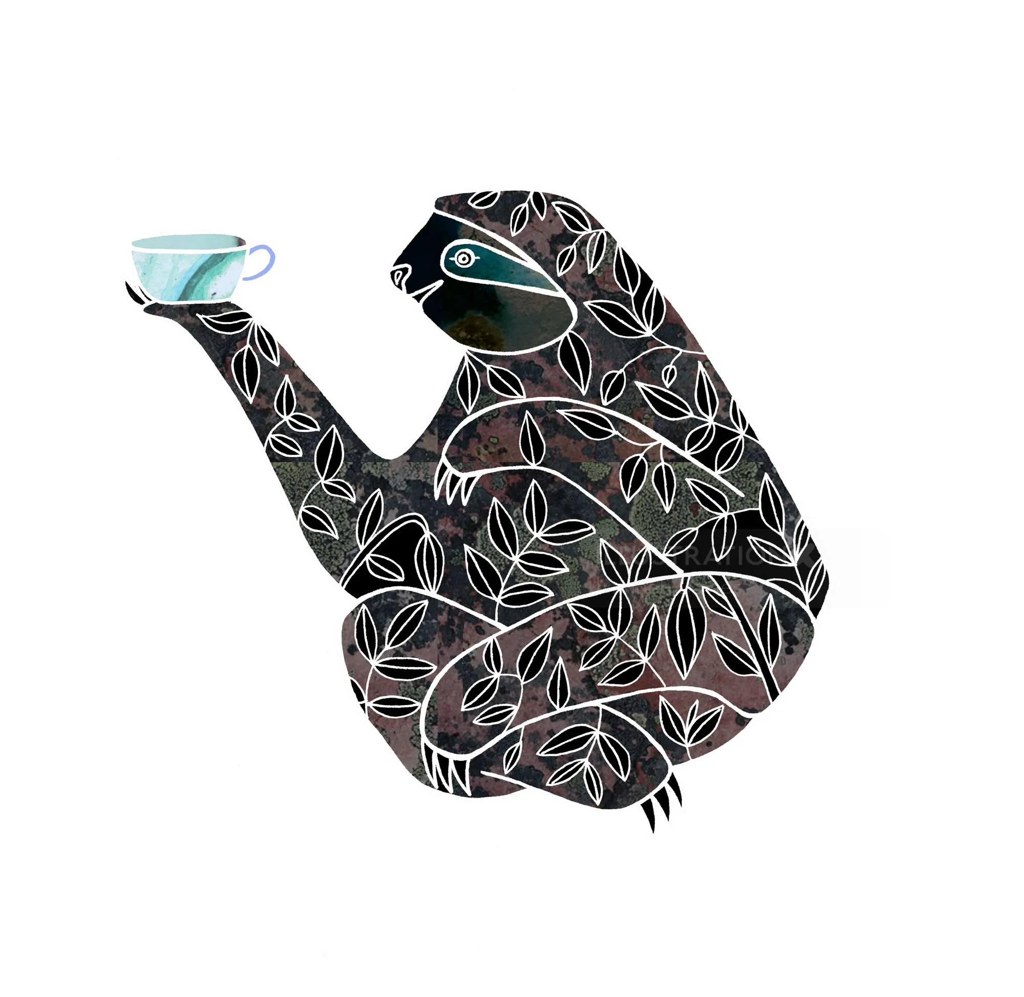 Stylized frog with white leaf patterns holding a blue teacup, by Hannah Davies
