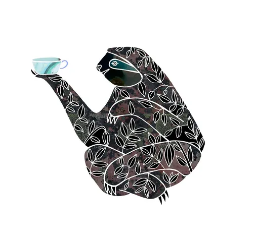 Stylized frog with white leaf patterns holding a blue teacup, by Hannah Davies