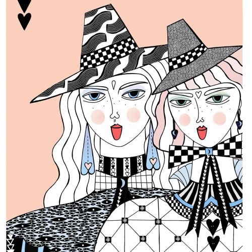 Abstract portrait of two women with hats and patterns by Hannah Davies