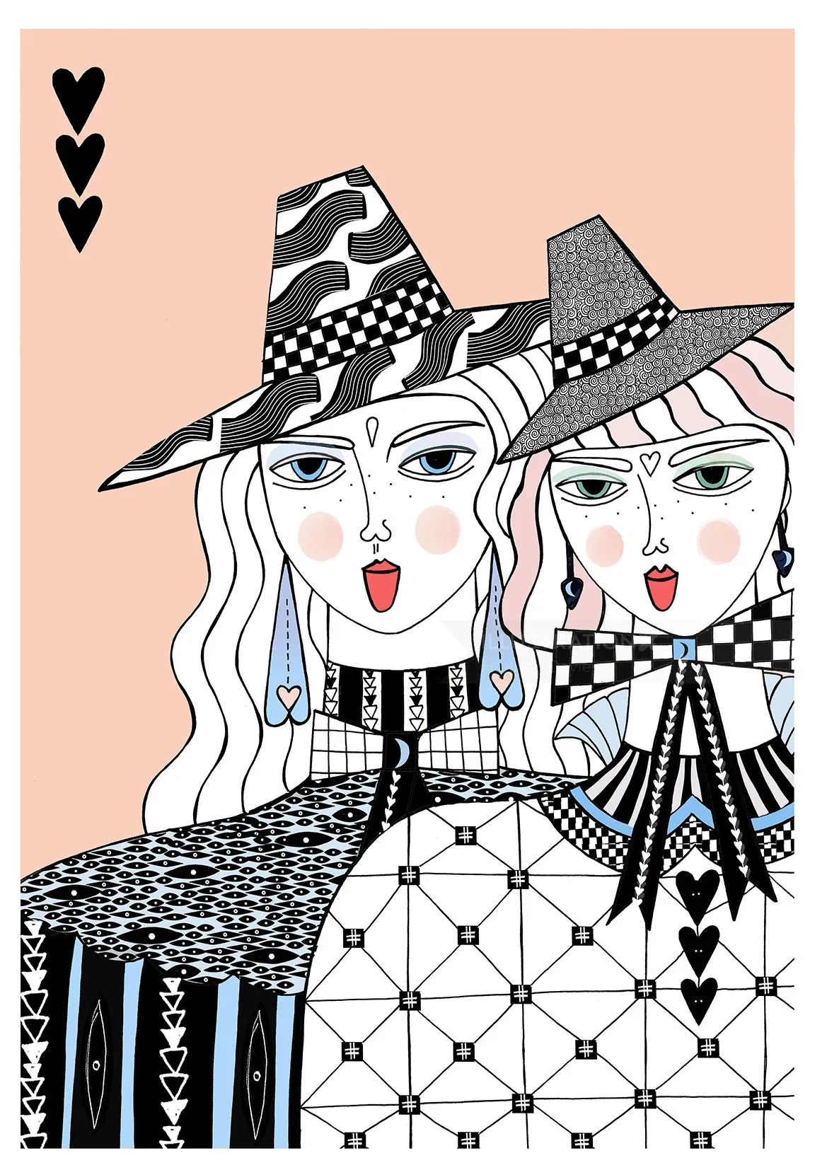 Abstract portrait of two women with hats and patterns by Hannah Davies