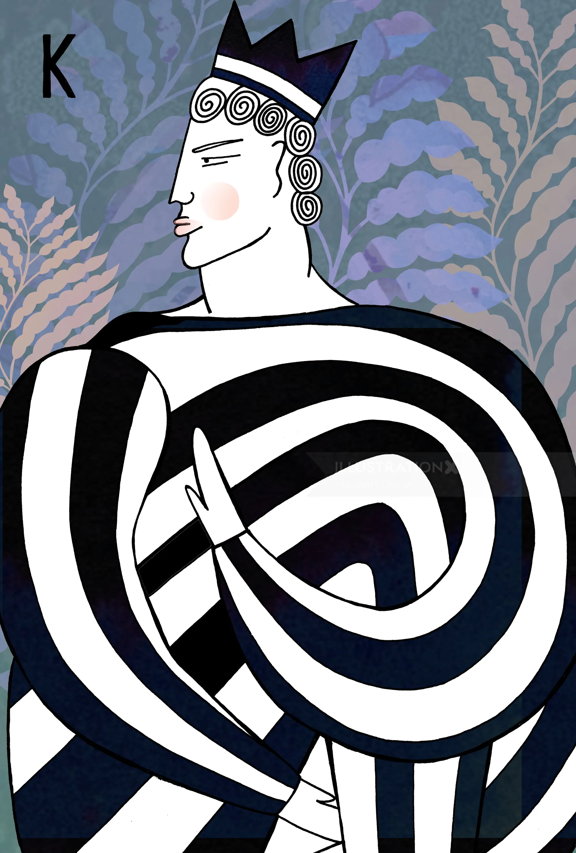 Stylized king with black and white swirled robe by Hannah Davies
