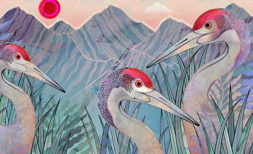 Illustration von drei Kranichen mit rosaroten Köpfen in der Nähe von Gras und Bergen von Hannah Davies