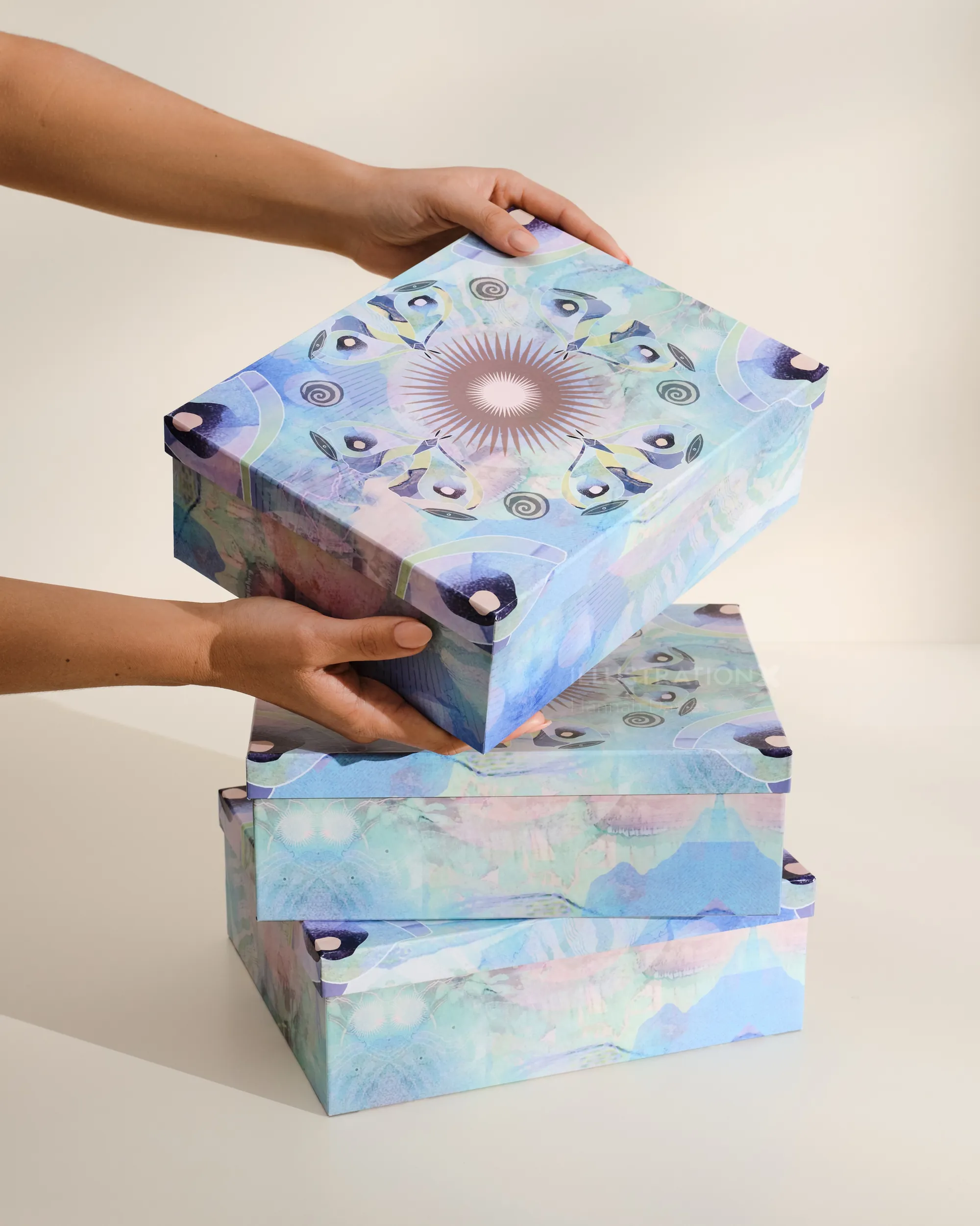 Hannah Davies artwork showing a person holding a colorful patterned box