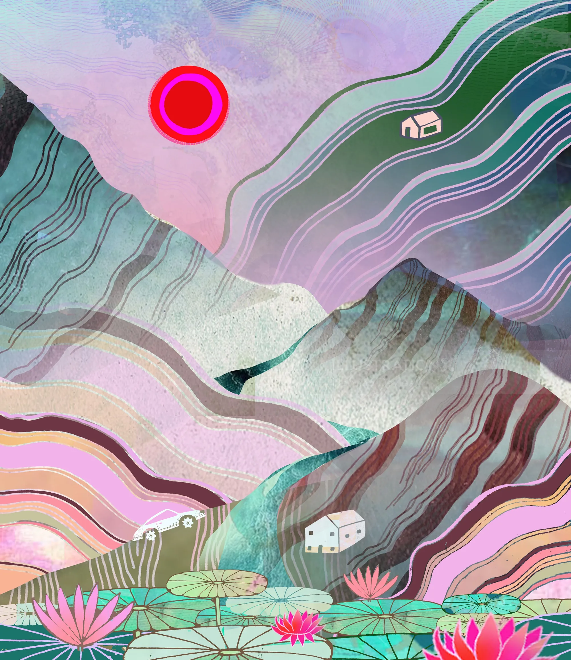 Crystal landscape artwork by Hannah Davies with layered mountains and flowers