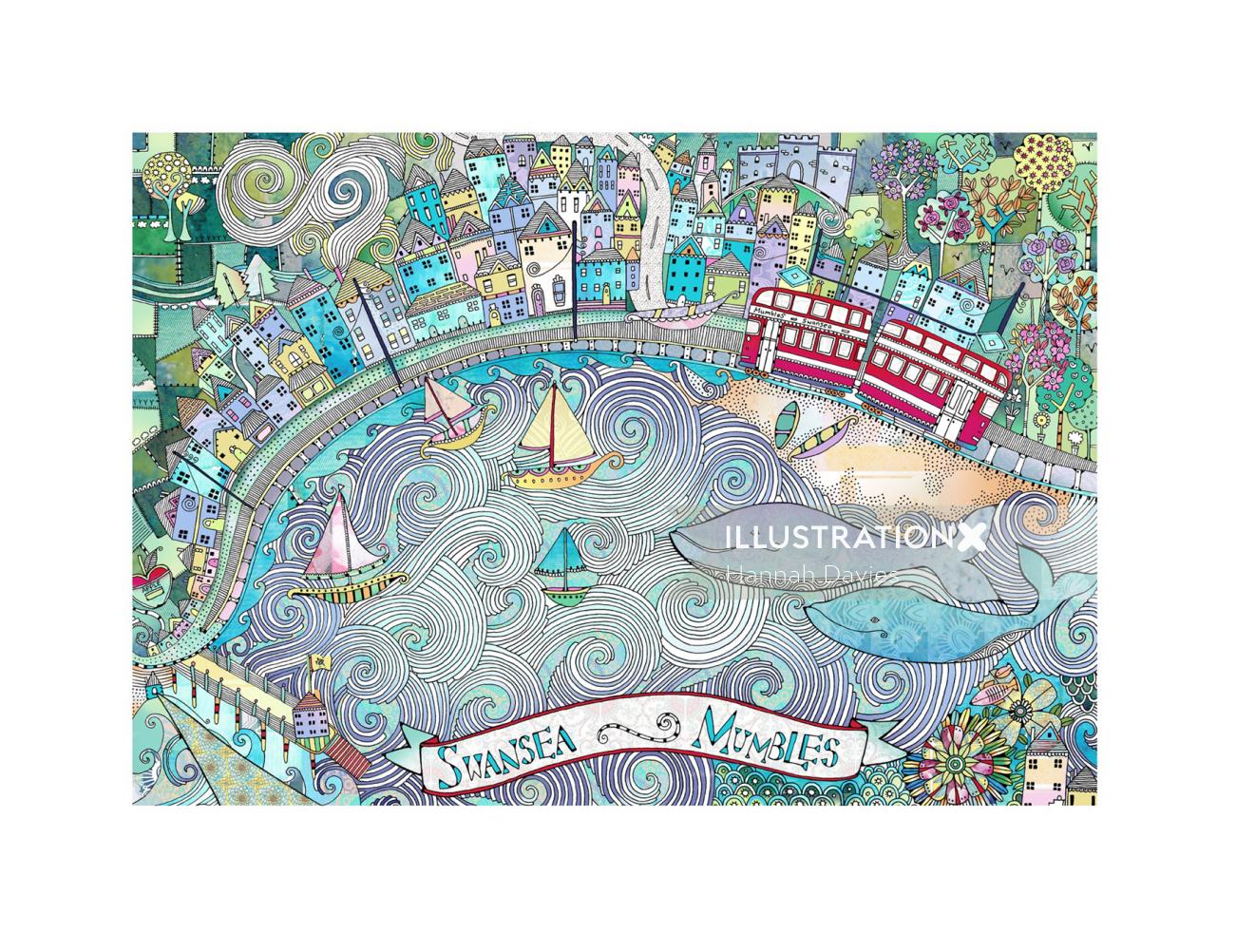 Landscapes illustration of Swansea and Mumbles by Hannah Davies
