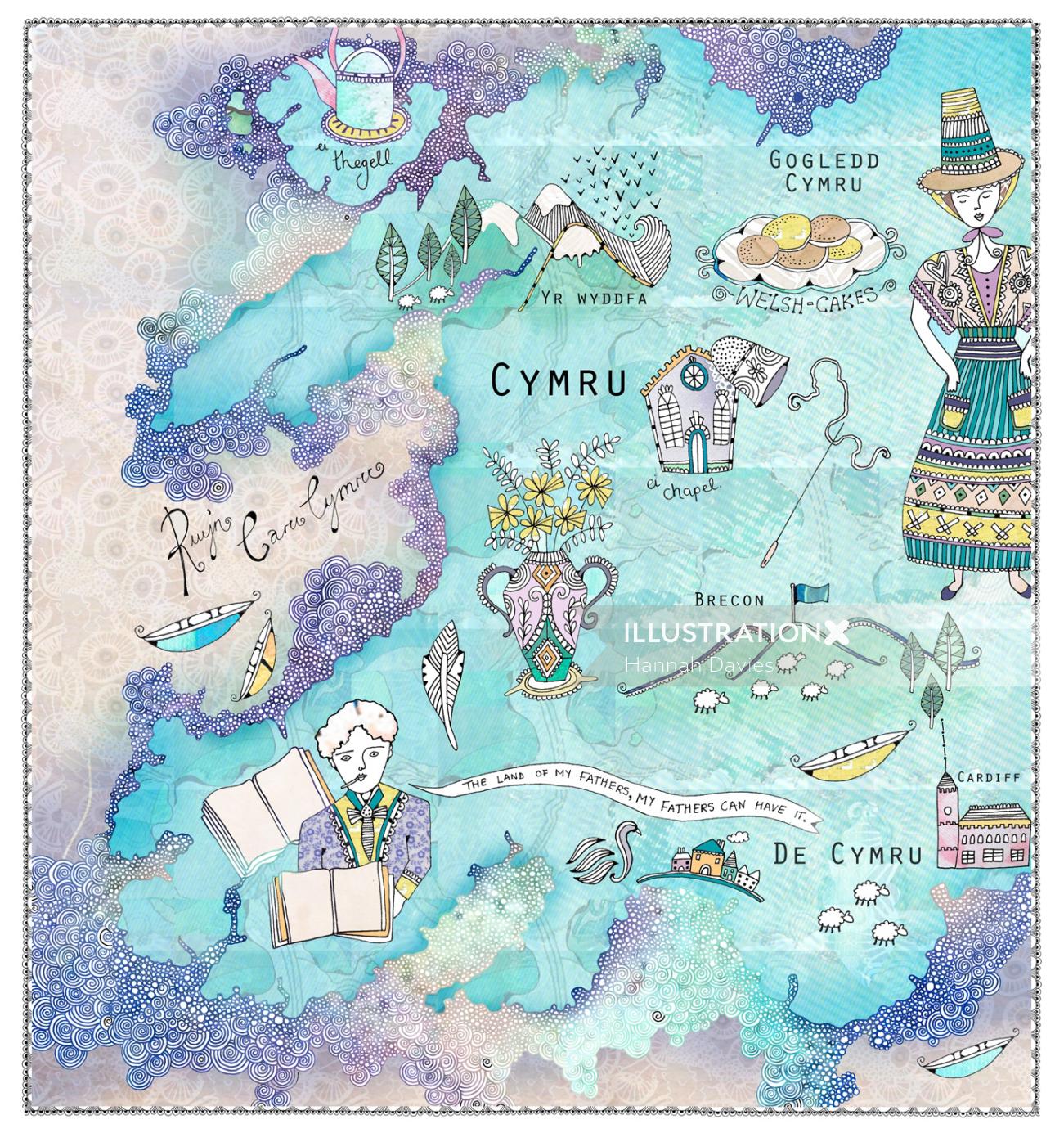 Ilustração do mapa de Galês por Hannah Davies