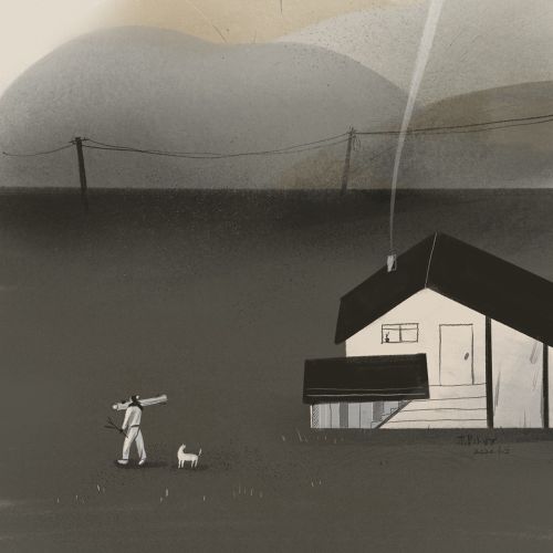 Farm house black and white illustration 