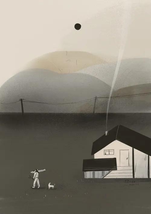 Farm house black and white illustration 