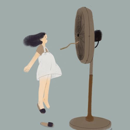 Girl playing with Pedestal Fan illustration 