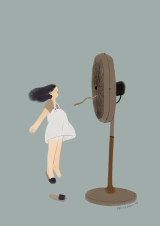 Ilustração de menina brincando com ventilador de pedestal 