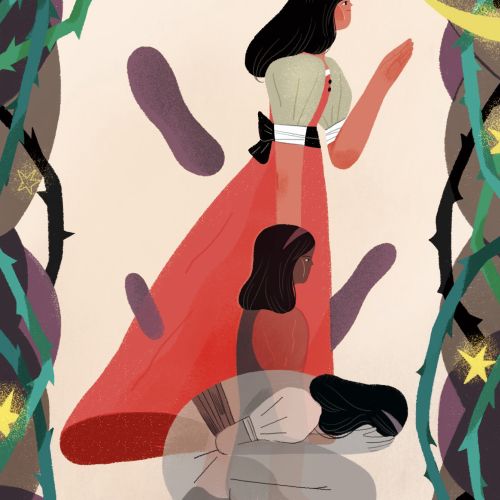 Illustration of a woman in a red dress with two shadow figures by Hao Hao