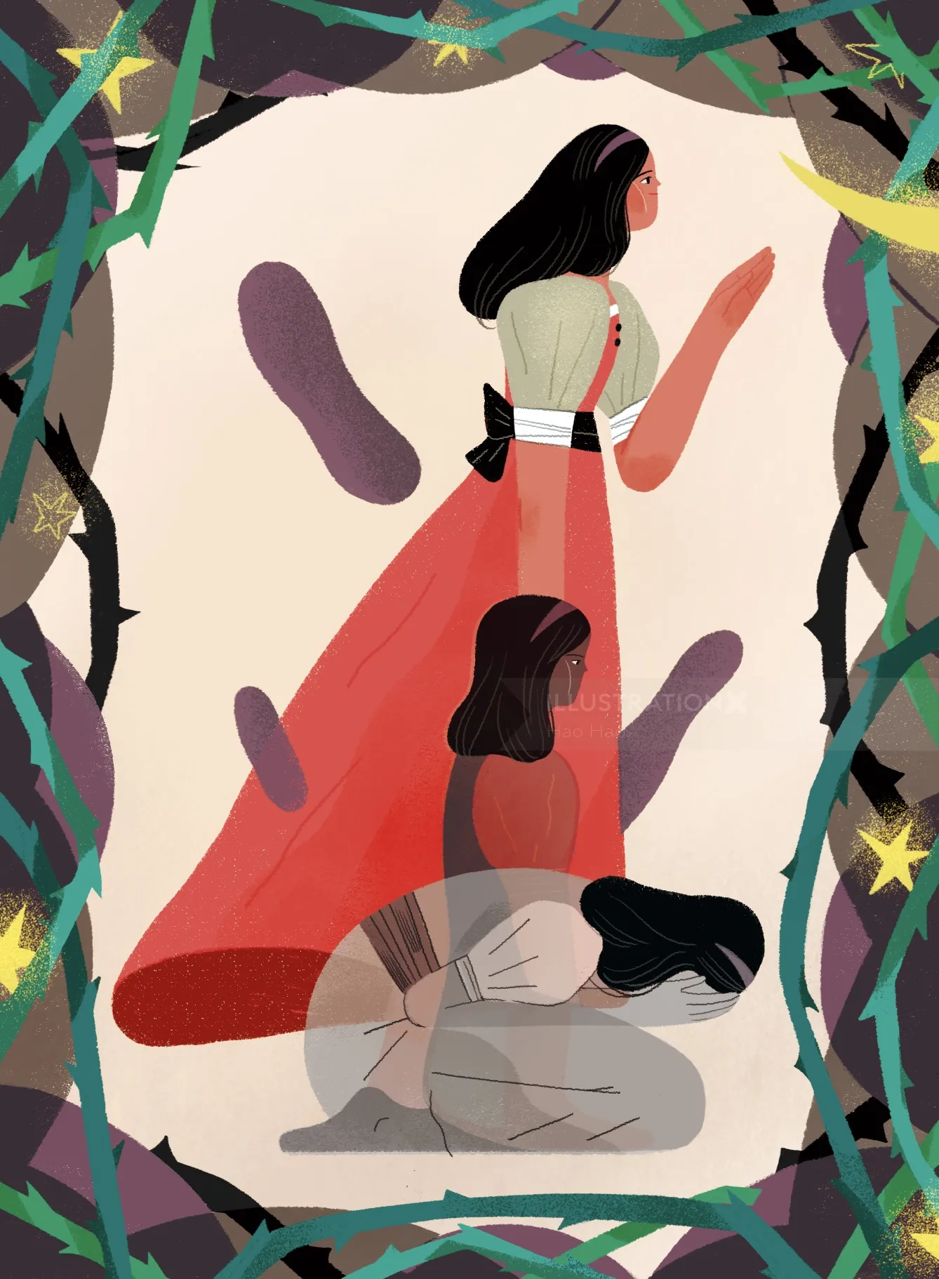 Illustration of a woman in a red dress with two shadow figures by Hao Hao