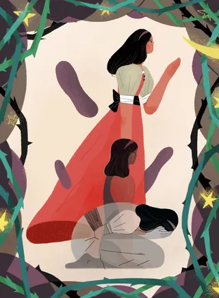 Illustration of a woman in a red dress with two shadow figures by Hao Hao