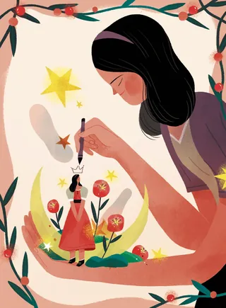 Giant woman painting small woman among flowers and stars by Hao Hao
