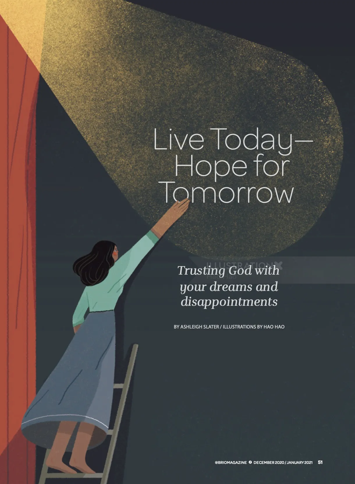 Woman reaching toward light with the message Live Today - Hope for Tomorrow by Hao Hao