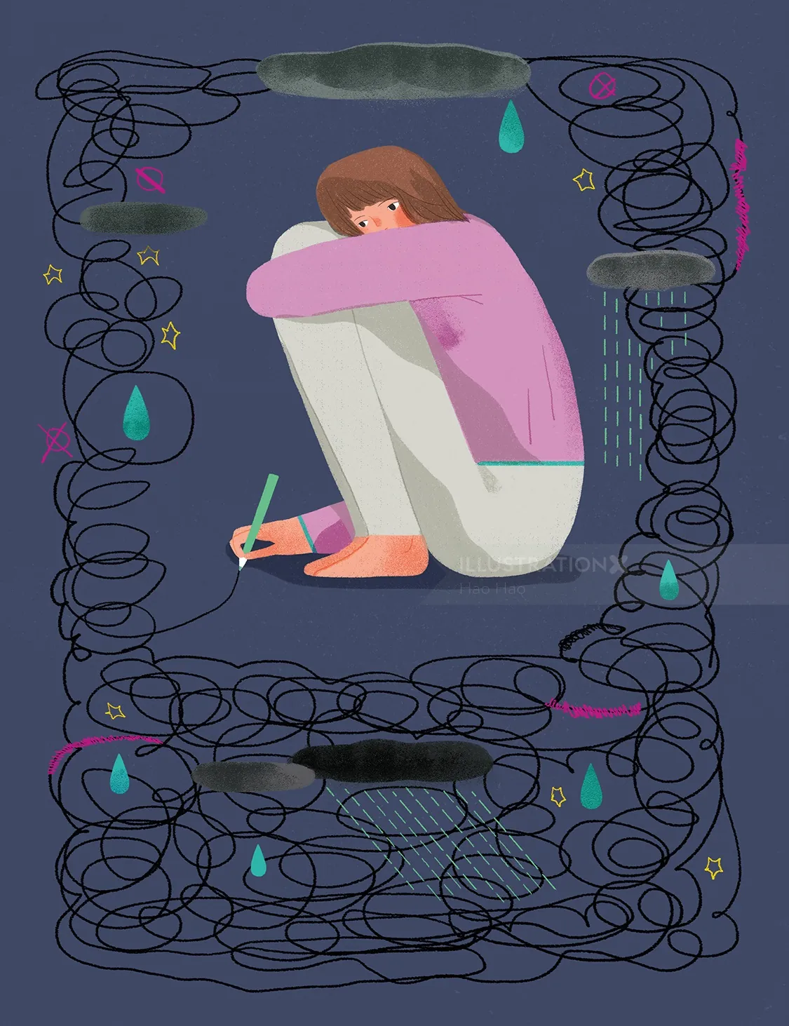 Woman sitting curled up writing with green pen, rain and scribbles around, by Hao Hao