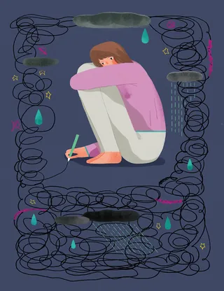 Woman sitting curled up writing with green pen, rain and scribbles around, by Hao Hao