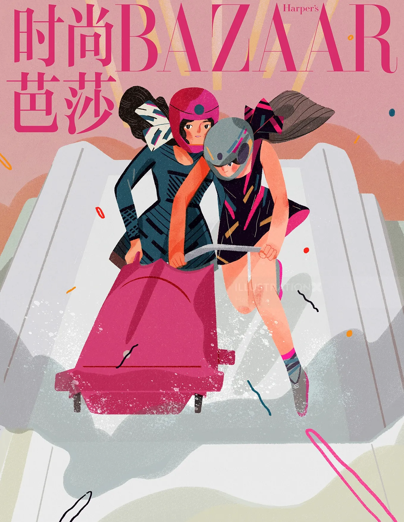 Three women racing down a bobsled track in helmets and sportswear by Hao Hao