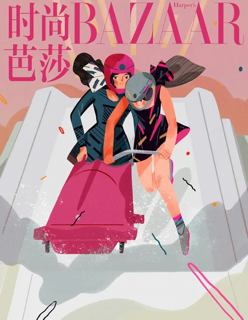 Three women racing down a bobsled track in helmets and sportswear by Hao Hao