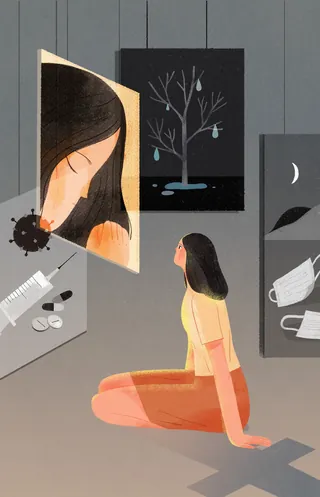 Woman looking at panels showing virus, syringe, masks, and a tree illustration by Hao Hao