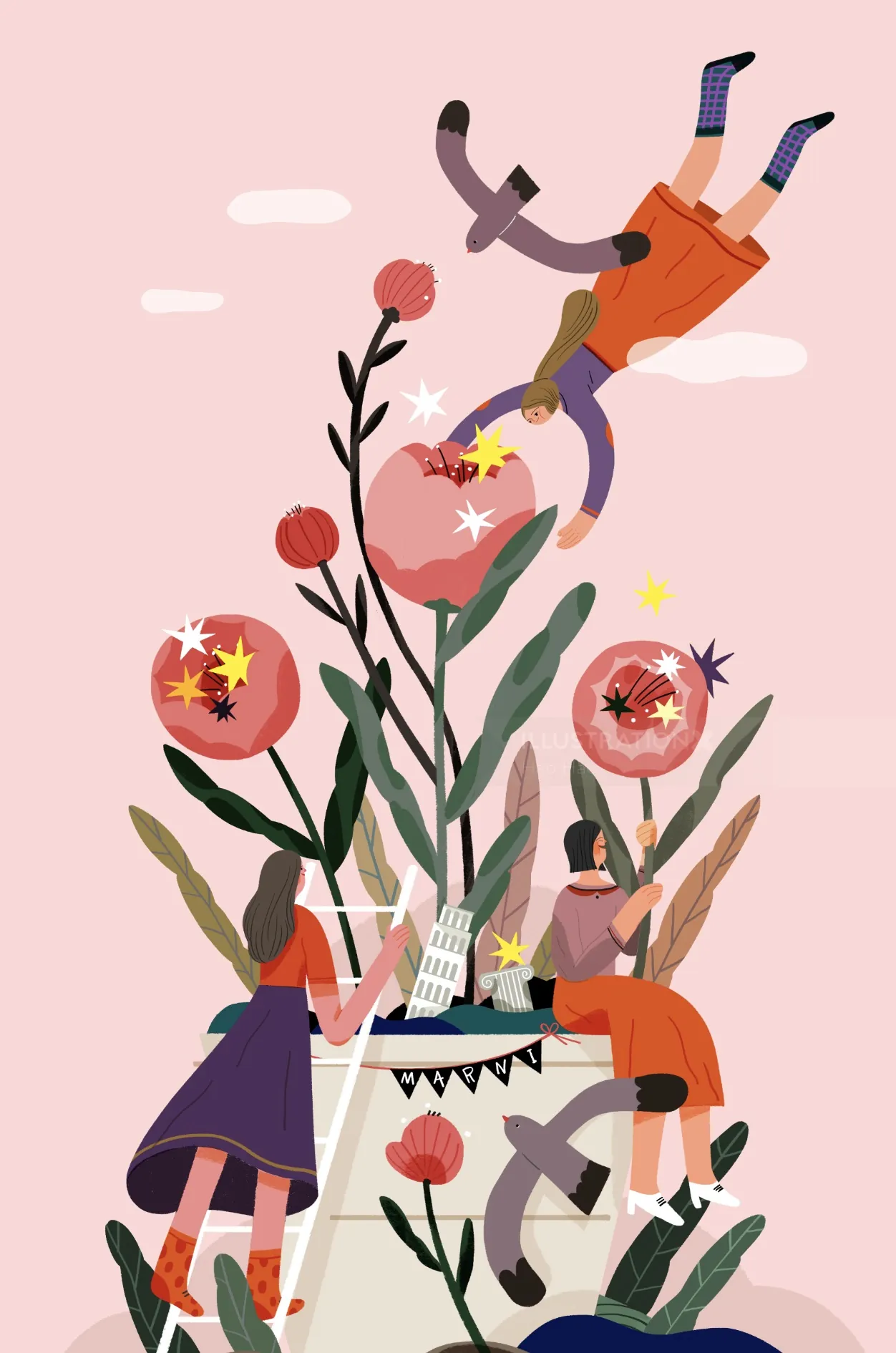 Surreal illustration of large flowers and floating people by Hao Hao