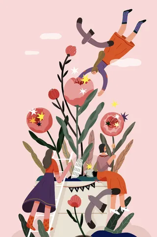 Surreal illustration of large flowers and floating people by Hao Hao