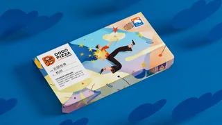 Colorful pizza box with dynamic characters and stars by Hao Hao