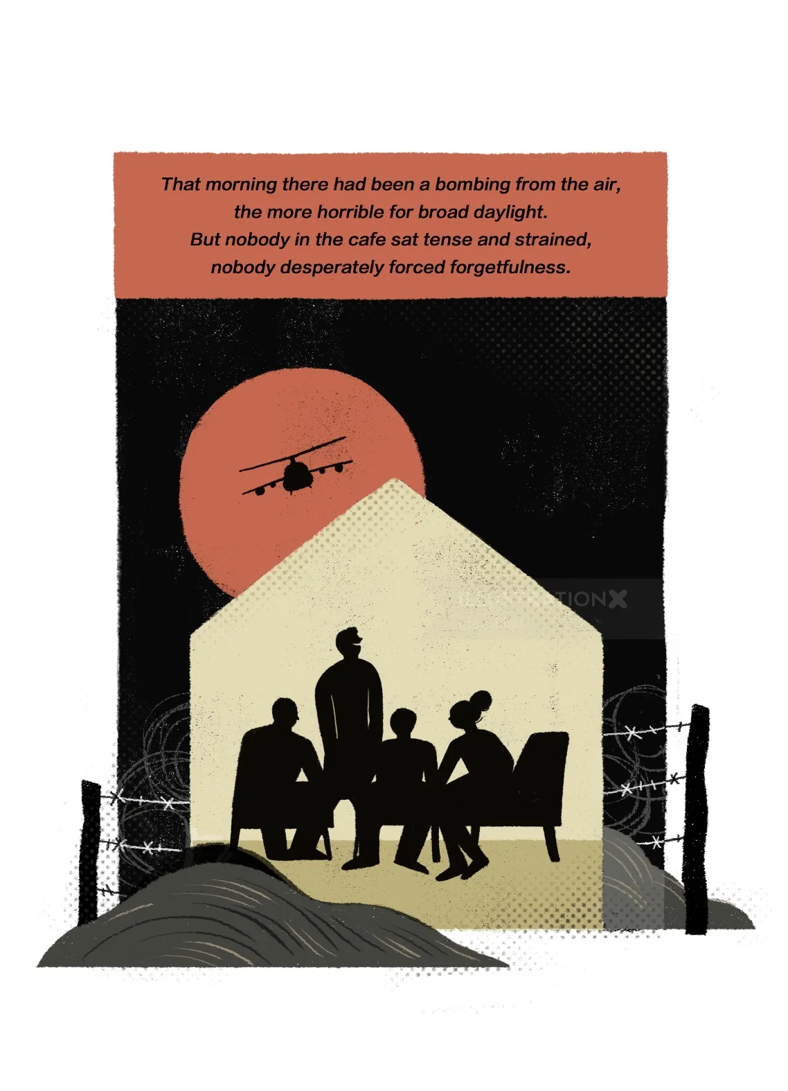 Silhouetted family inside shelter with helicopter above by Hao Hao