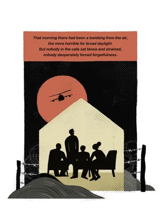 Silhouetted family inside shelter with helicopter above by Hao Hao