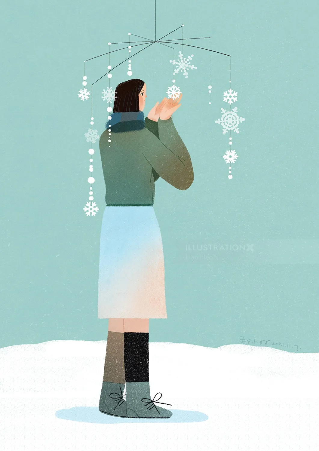 Person holding snowflake mobile with winter outfit by Hao Hao