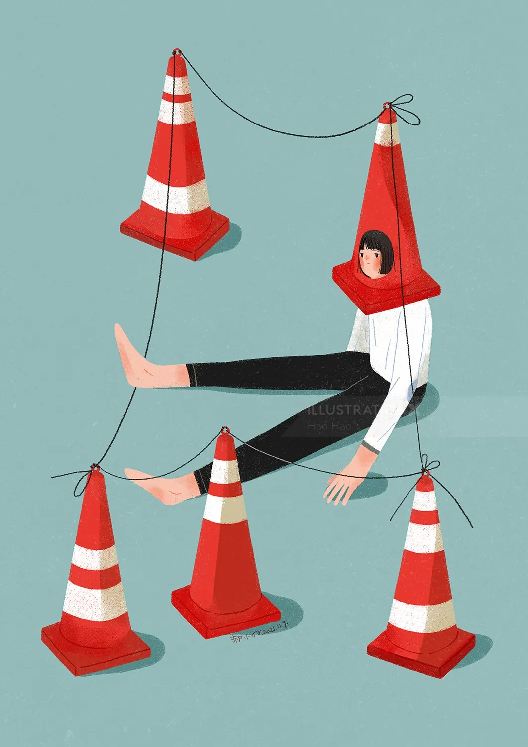 Illustration by Hao Hao of person trapped in orange traffic cones tied with black cords