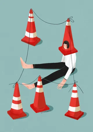 Illustration by Hao Hao of person trapped in orange traffic cones tied with black cords