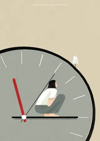 Illustration by Hao Hao of person sitting on clock hand with small figure nearby