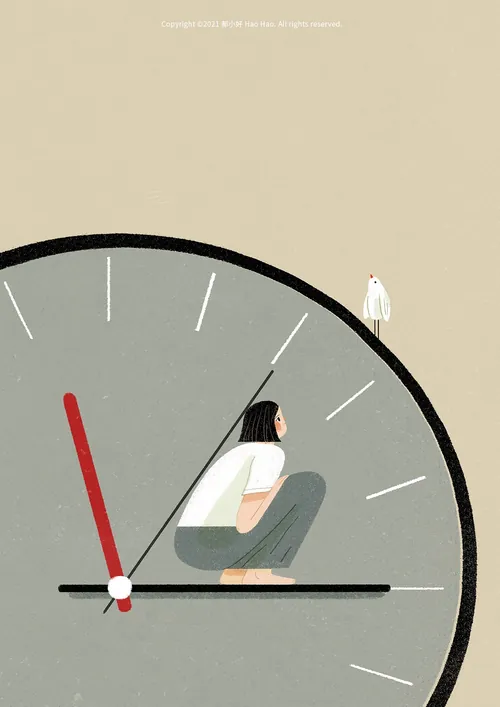 Illustration by Hao Hao of person sitting on clock hand with small figure nearby