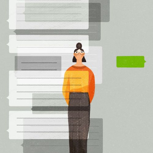Person surrounded by overlapping chat bubbles in different shades illustration by Hao Hao