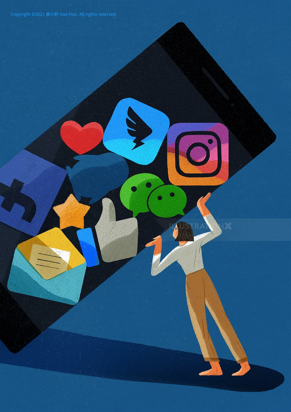 Woman carrying smartphone showing social media icons by Hao Hao