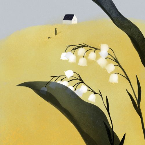 Lily of the valley flowers with small house on hill by Hao Hao