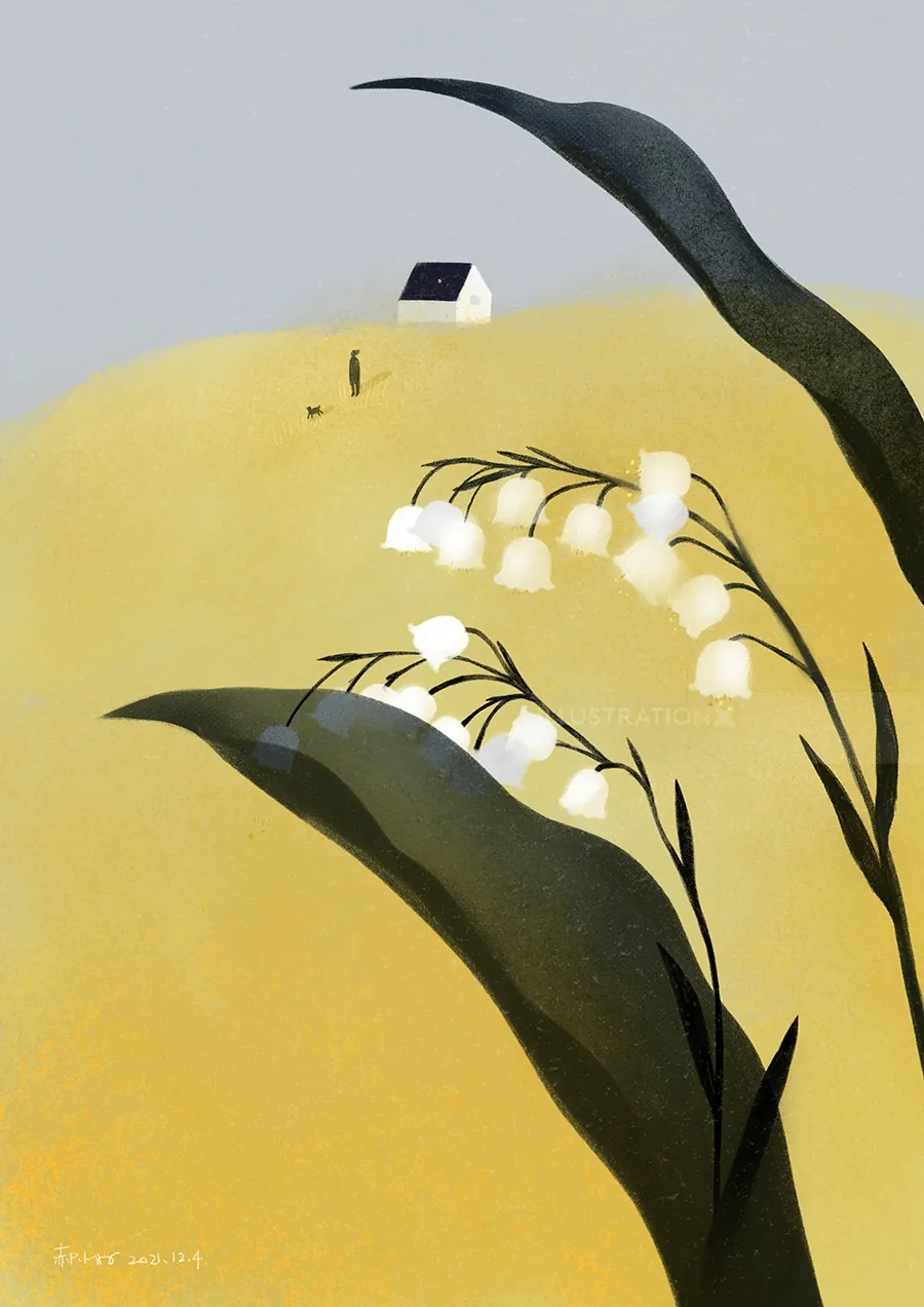 Lily of the valley flowers with small house on hill by Hao Hao