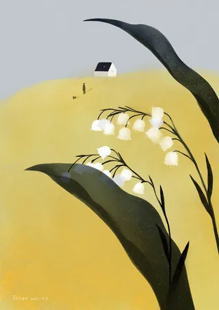 Lily of the valley flowers with small house on hill by Hao Hao