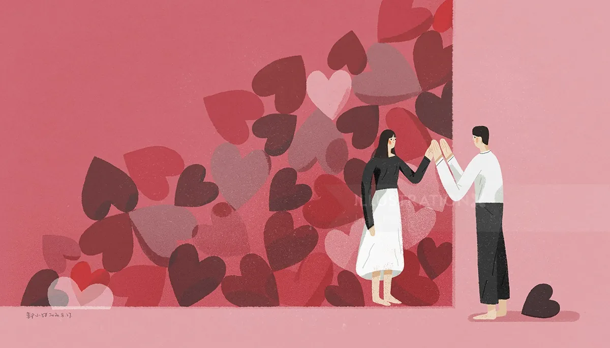 Two people high-five in front of hearts background by Hao Hao