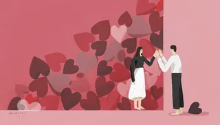 Two people high-five in front of hearts background by Hao Hao