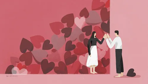 Two people high-five in front of hearts background by Hao Hao