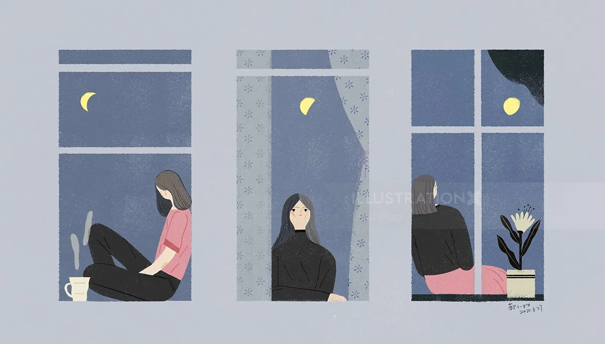 Three women gazing out windows at night with moon, artwork by Hao Hao