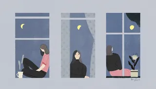 Three women gazing out windows at night with moon, artwork by Hao Hao
