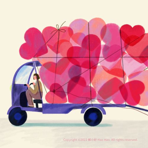 Illustration of truck carrying numerous heart-shaped balloons by Hao Hao