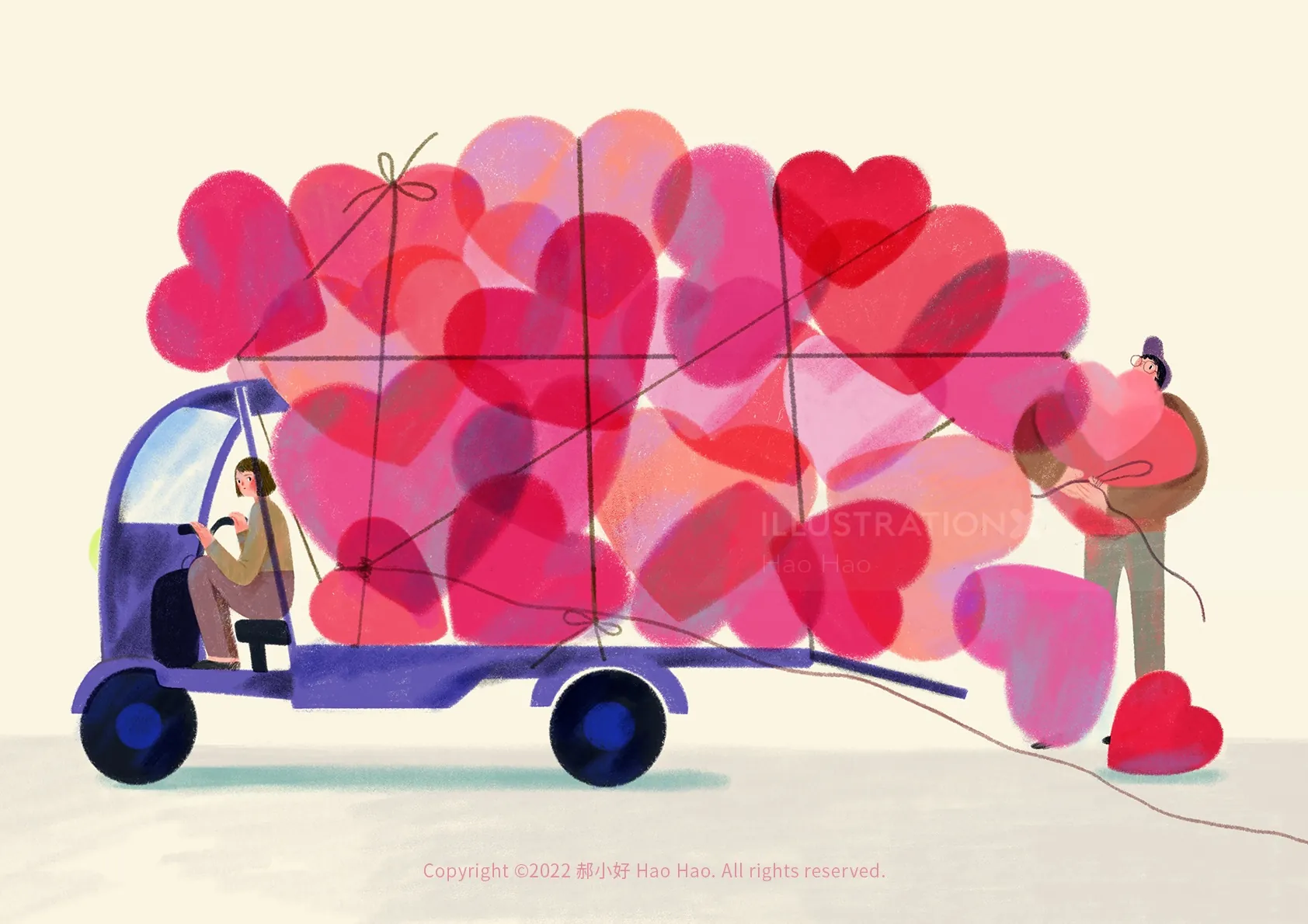 Illustration of truck carrying numerous heart-shaped balloons by Hao Hao