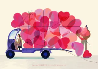 Illustration of truck carrying numerous heart-shaped balloons by Hao Hao
