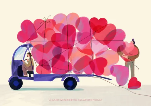 Illustration of truck carrying numerous heart-shaped balloons by Hao Hao